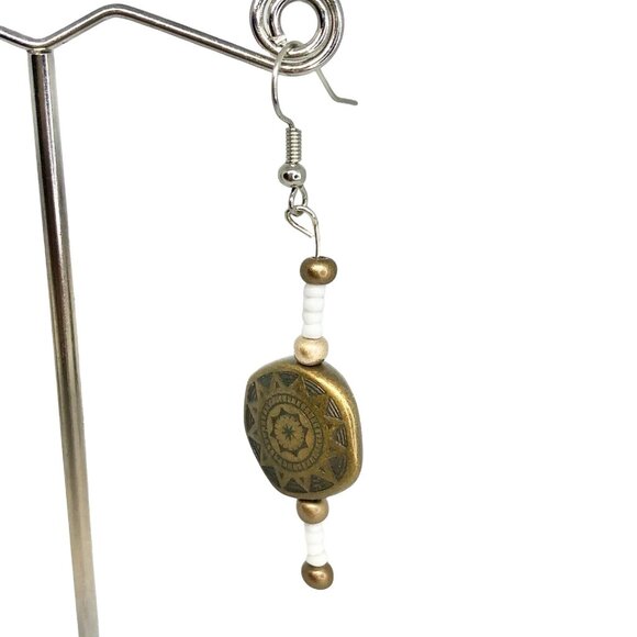 Handcrafted Dangle Earrings With Gold Toned Medallion Beads & White Accents - Picture 5 of 5